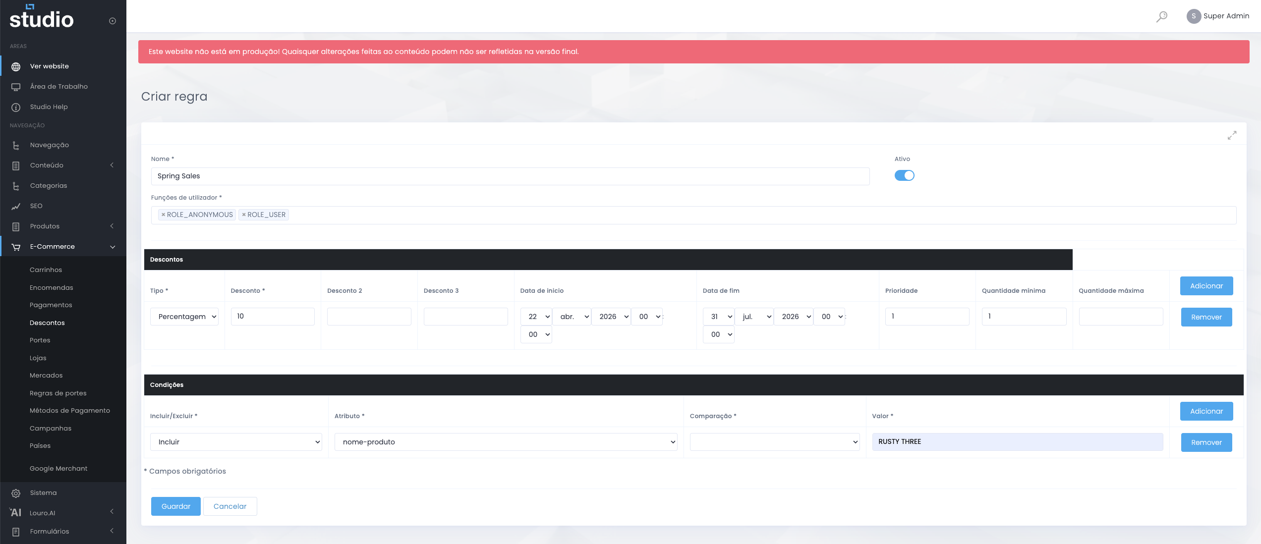 Regra de desconto preenchida no E-commerce do Studio CMS